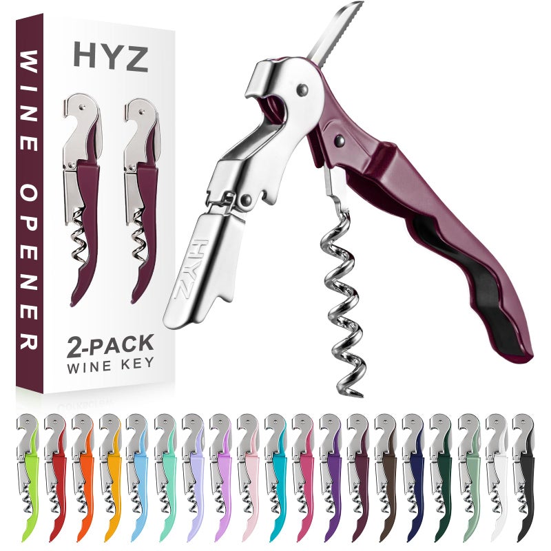 HYZ 2-Pack Wine Opener Waiter Corkscrew, Professional Wine Key for Servers, Bartender with Foil Cutter, Manual Wine Bottle Opener Double Hinged (Burgundy) - Image 1